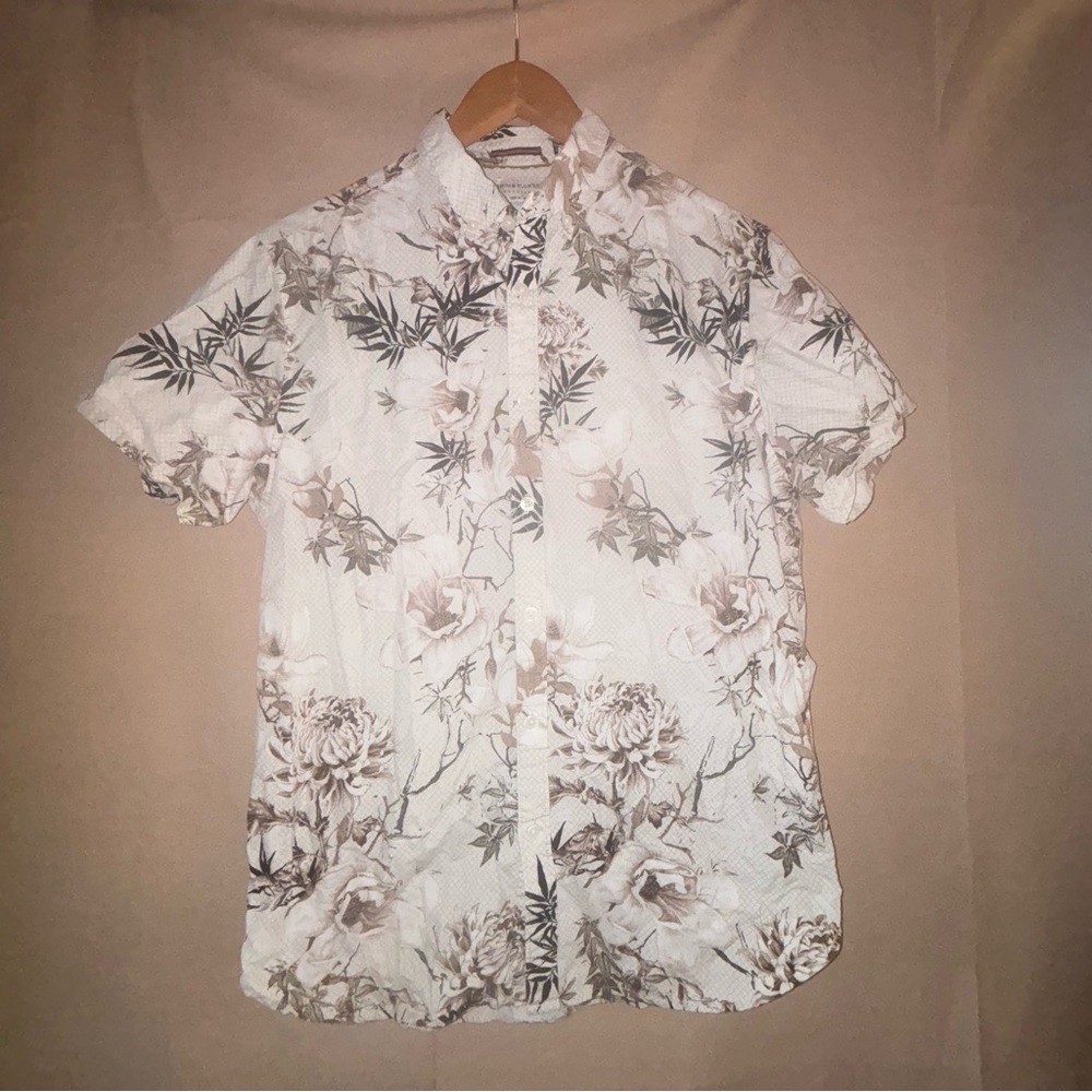 Denim & Flower White Casual Button Down Shirt with Floral Design